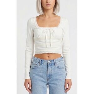 Free People Long Sleeve Crochet Lace Trim Crop Top Ivory White Size Small NEW